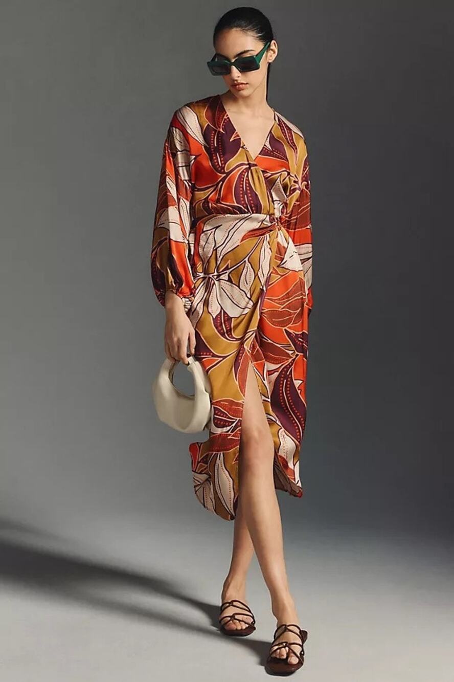 NWT Anthropologie Dress Medium Wrap Satin Tropical Plum Orange Midi Resort